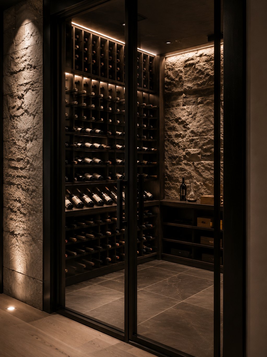 Climate-controlled wine room with stone detailing
