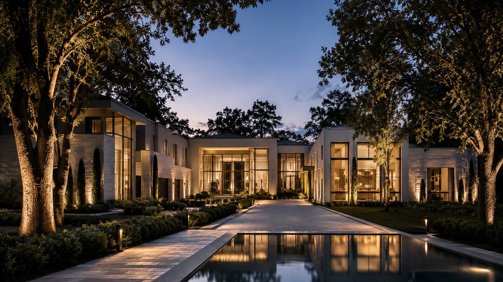 Modern luxury residence with floor-to-ceiling glass at dusk