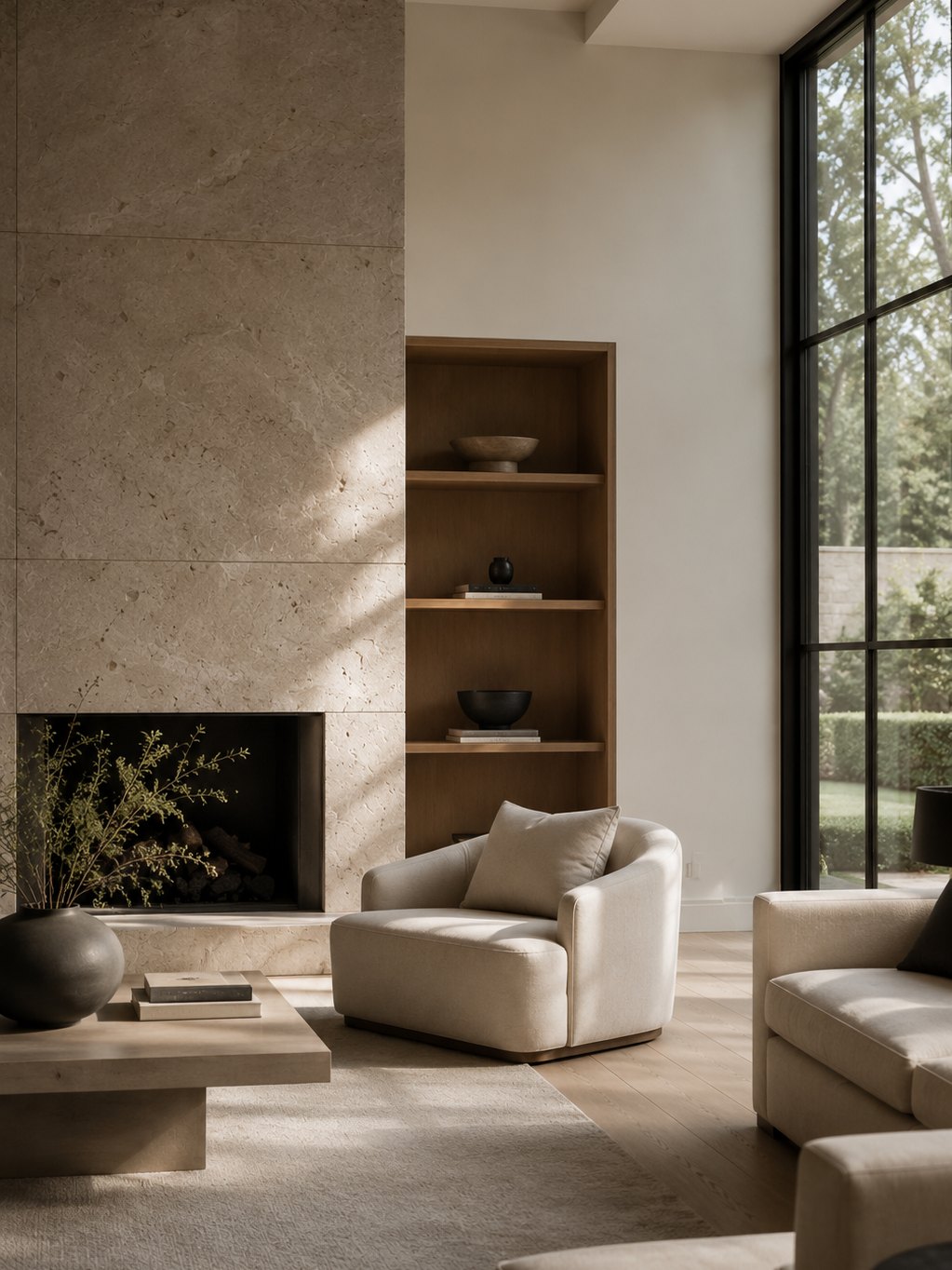 Serene living space with natural stone fireplace and steel-framed windows