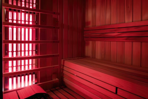 Infrared sauna with red illuminated panels