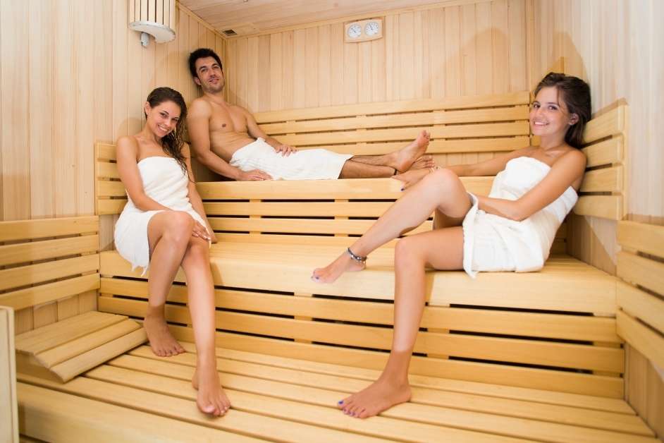 Large commercial sauna with tiered seating