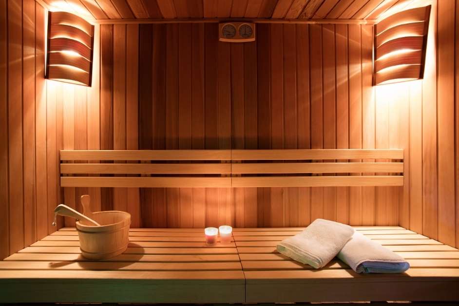 Traditional wood sauna with custom bench seating