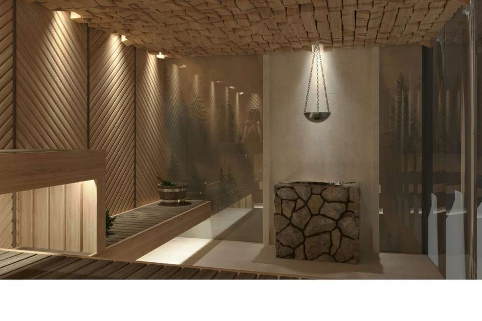 Commercial sauna with spacious bench layout