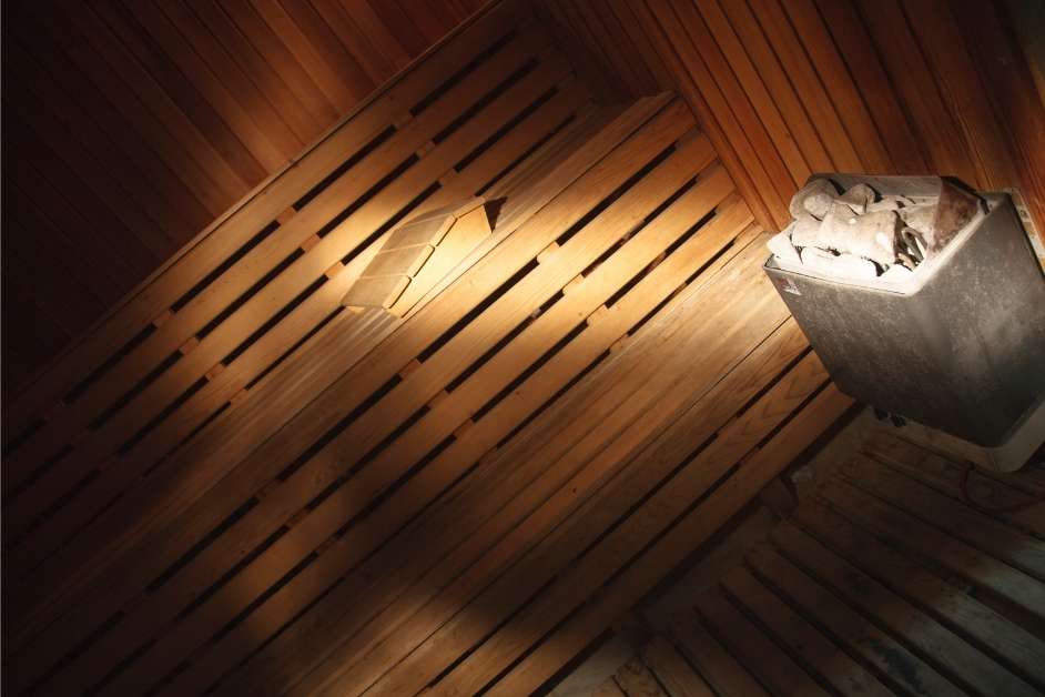 Compact custom sauna with wood walls and bench seating
