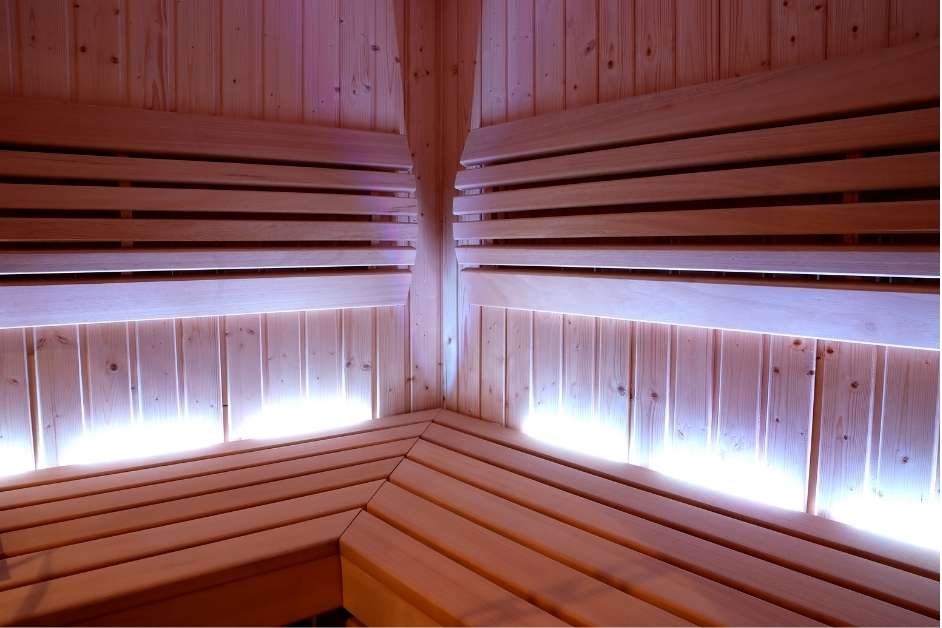 Modern wood sauna interior with custom seating