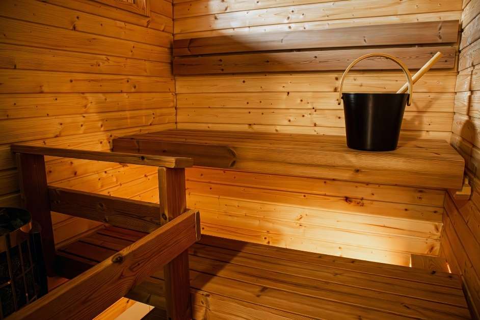 Modern indoor sauna with wood walls and benches