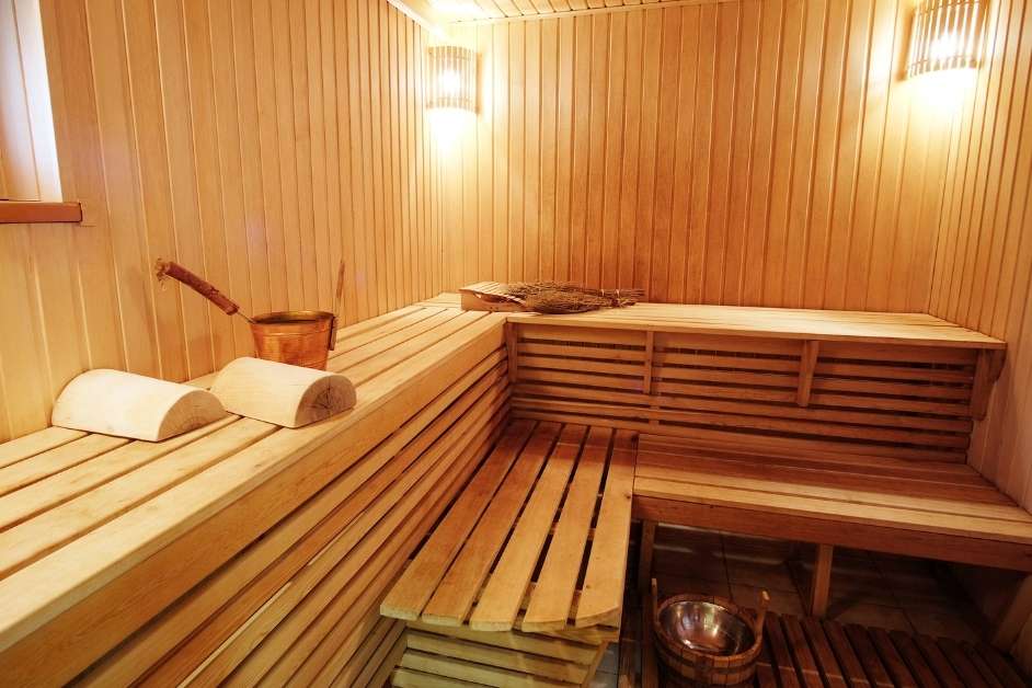 Indoor sauna bench and heater layout