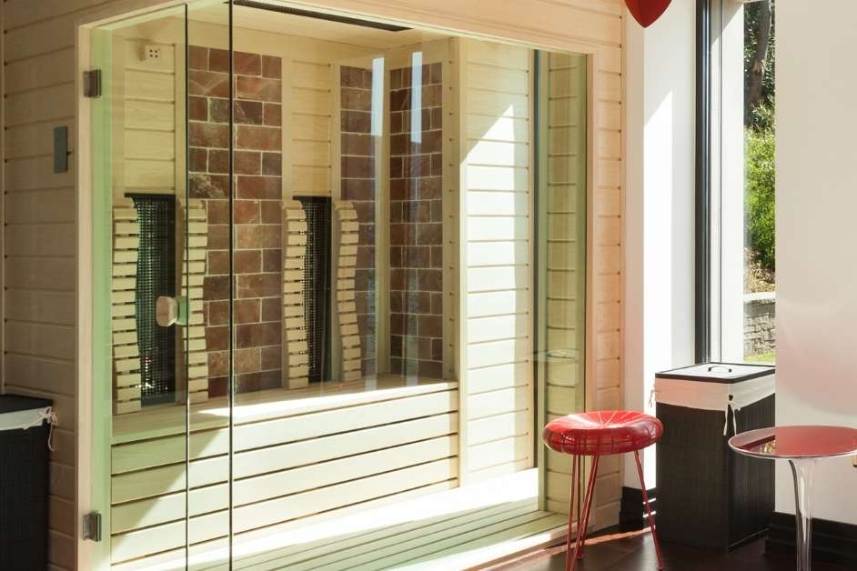 Infrared sauna interior with colored radiant panels