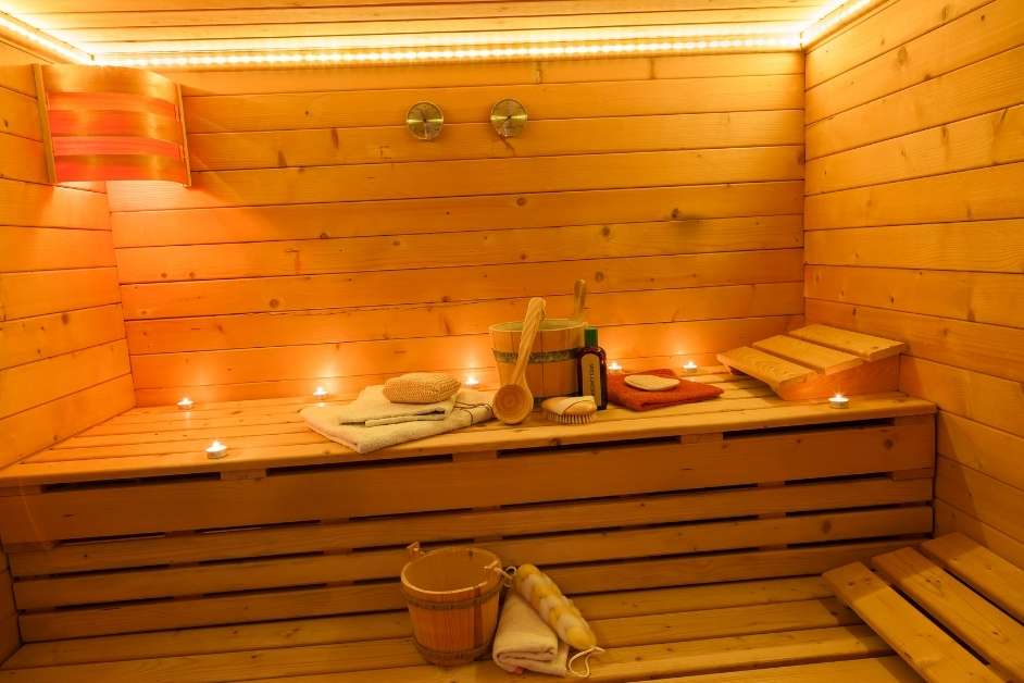 Indoor sauna with glass front