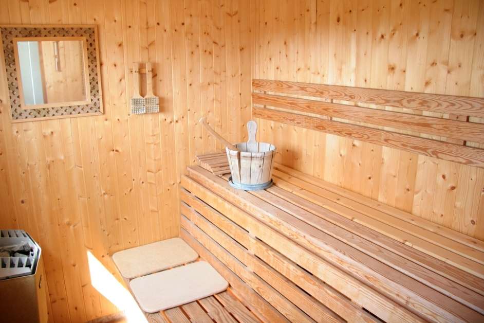 Indoor sauna bench and wall panel detail