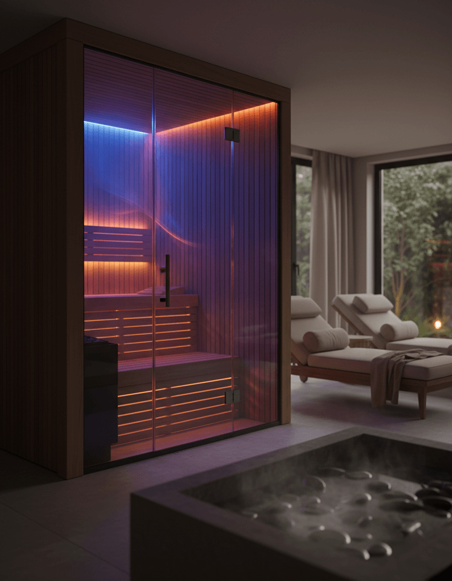 Pre-built sauna system with wood interior and glass door