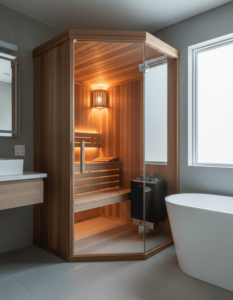 Modular sauna kit assembled in an interior space