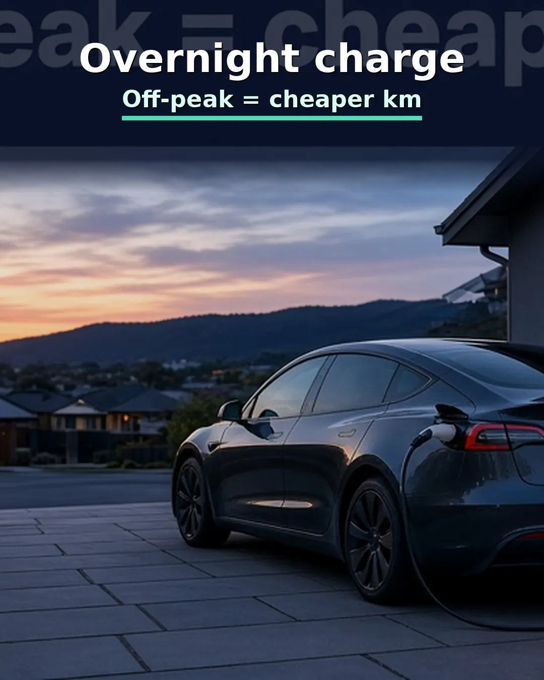 Overnight charge, off-peak means cheaper km: an EV plugged in at home at dusk