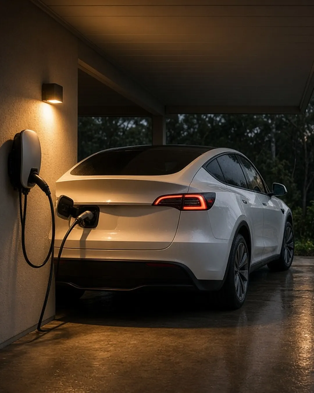 White Tesla charging at a wall charger under a carport at night