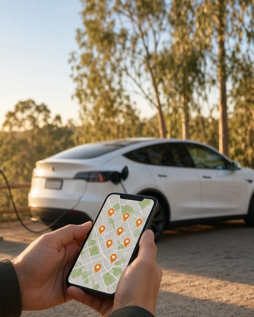 Phone showing a charging app map with an EV plugged in behind