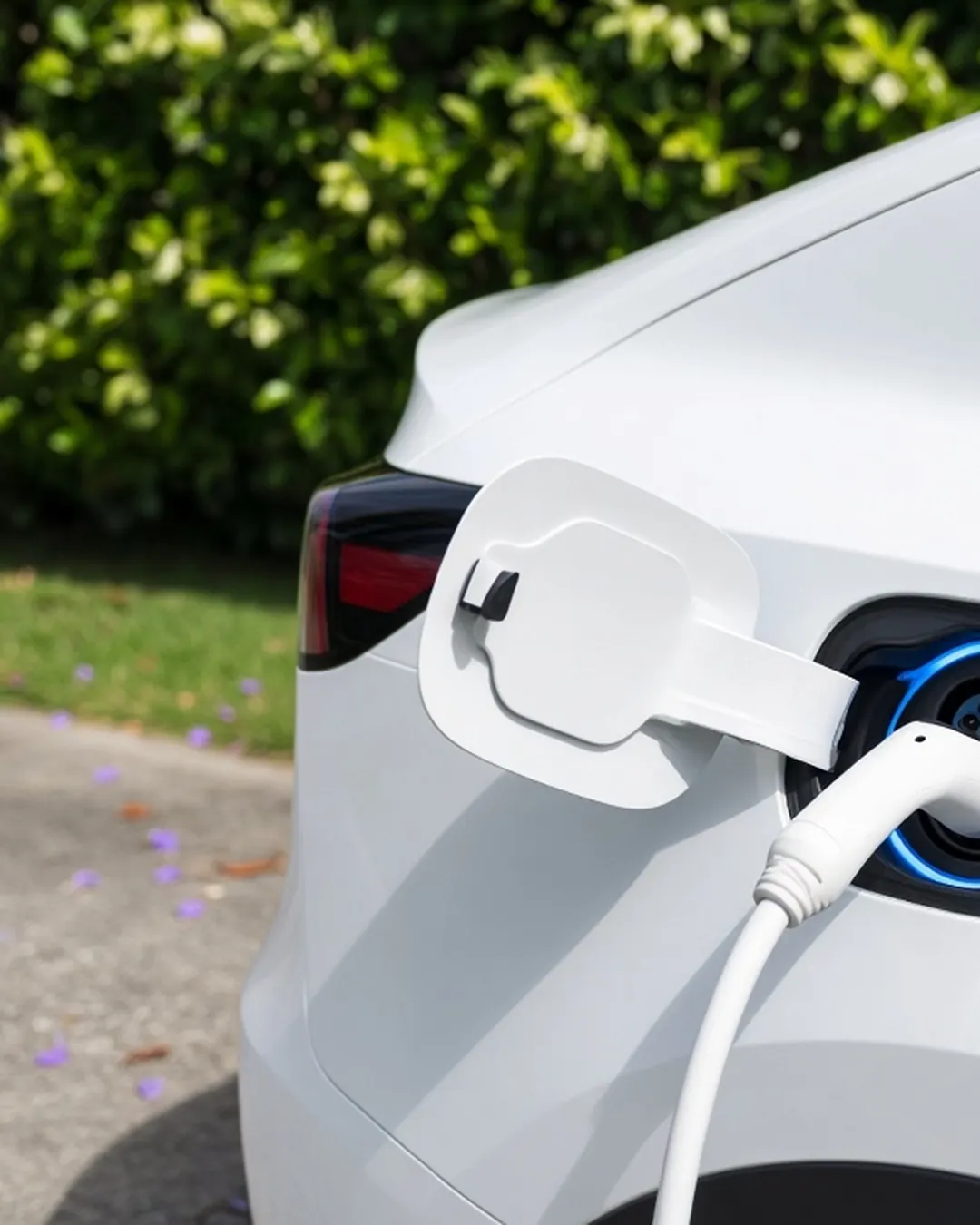 White electric car plugged in at home while the cabin preconditions