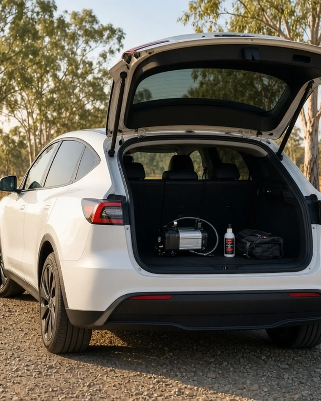 Open boot of a white electric SUV with a tyre inflator and repair kit under the floor