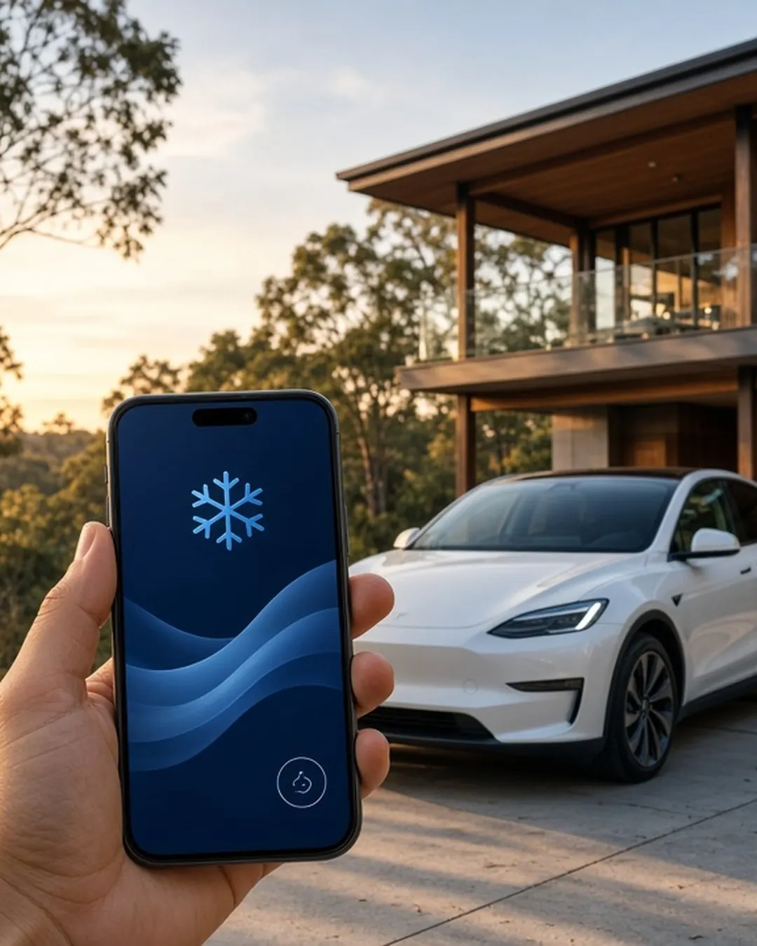 Phone showing the climate control app, with a white Tesla parked outside a Queenslander home