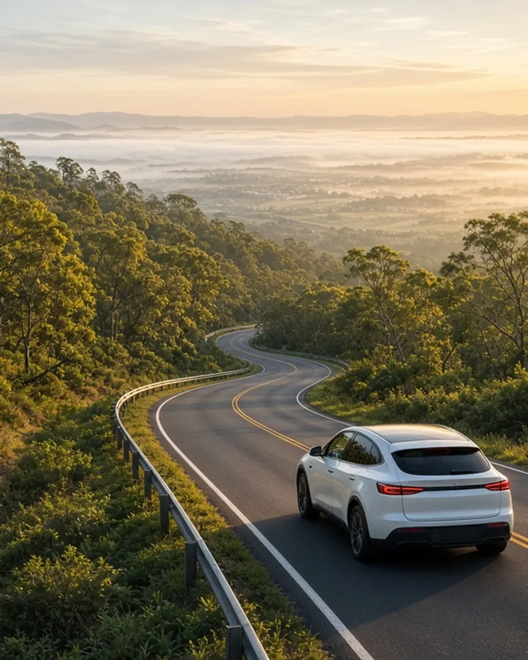 White Tesla driving down a winding range road at sunrise