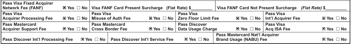 card brand pass through fees on a Merchant Processing Application