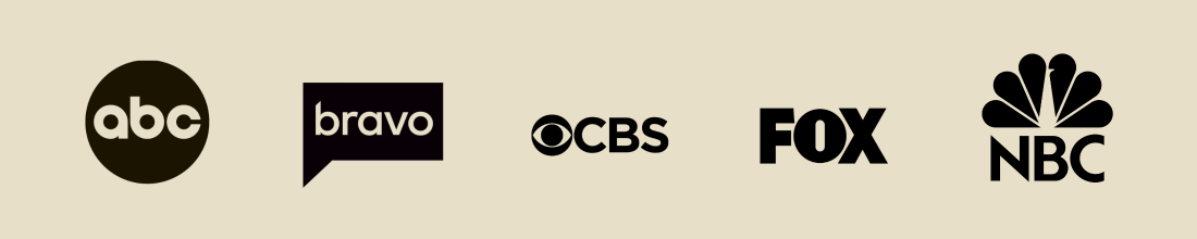 Featured media logos including ABC, Bravo, CBS, FOX, and NBC