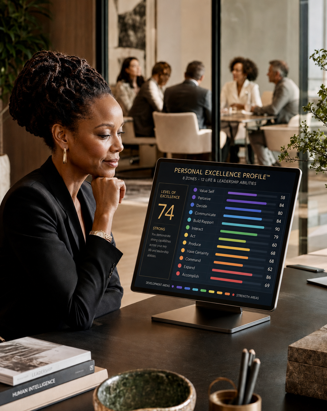 Professional reviewing her Personal Excellence Profile while a diverse leadership team meets beyond a glass partition