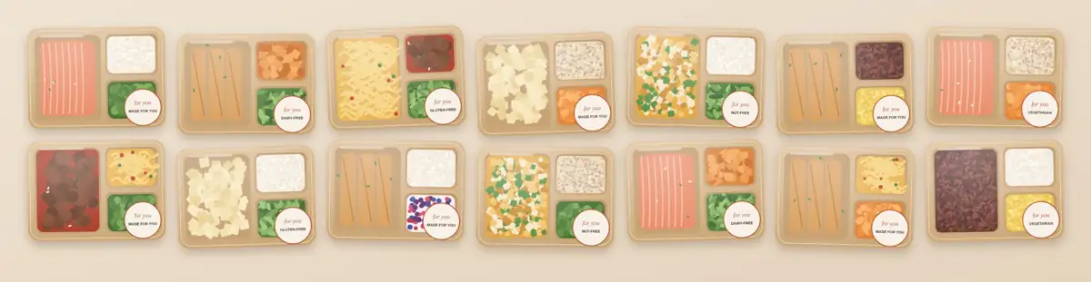 Fourteen prepared meals in kraft trays, each with only a small for-you sticker and a tag like gluten-free, no nutrition labels