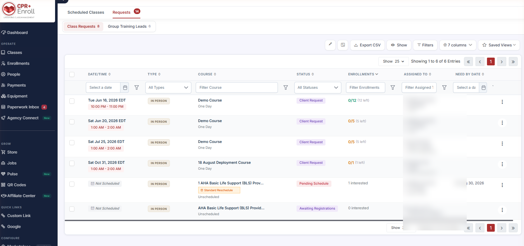 Classes Requests showing the badge and the two sub-tabs