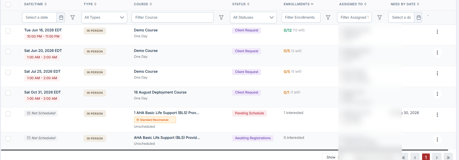 Class Requests grid showing the three statuses and the Interest column