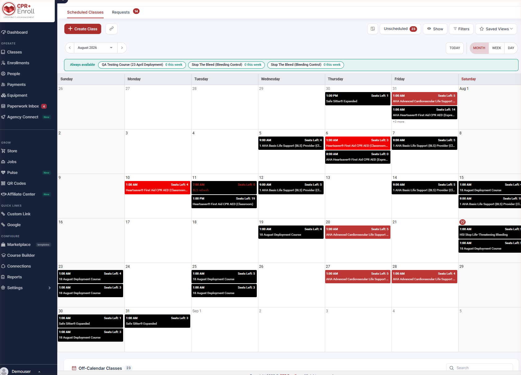 Classes Calendar view with the Always Available and Off-Calendar sections visible