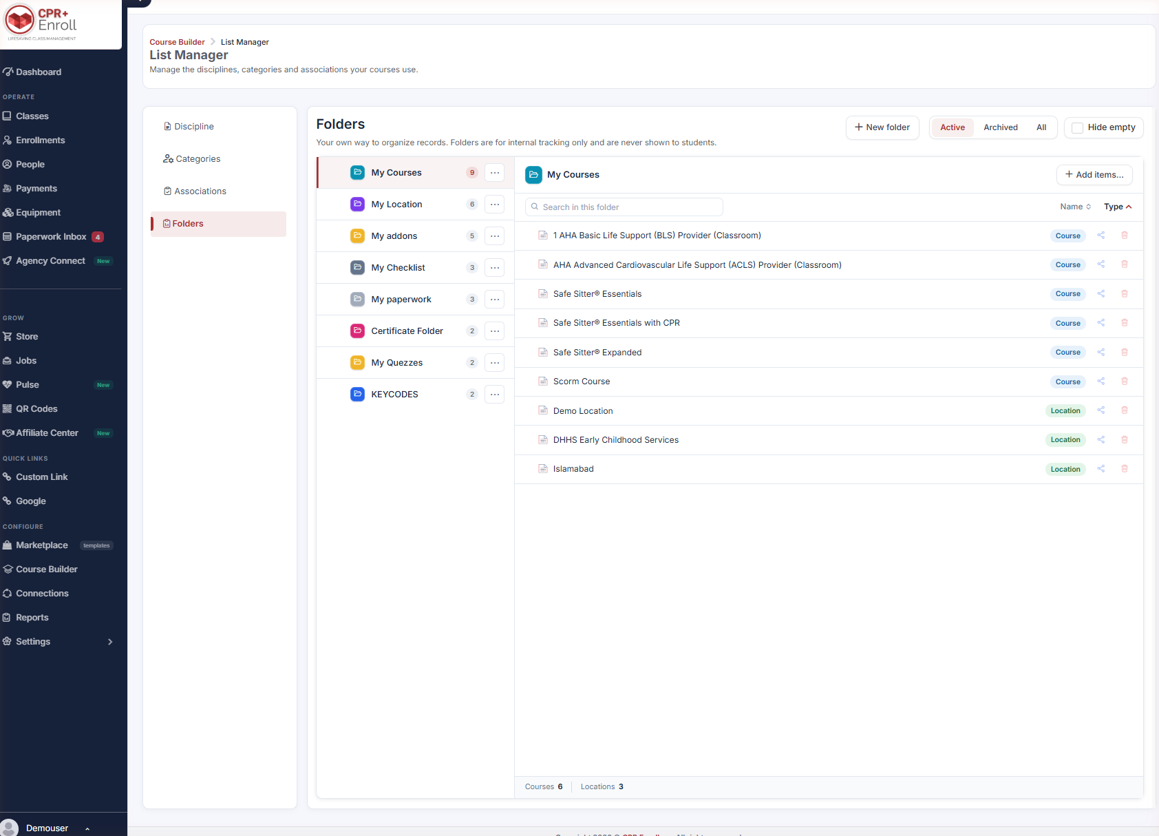 Course Builder List Manager Folders showing the two-panel layout