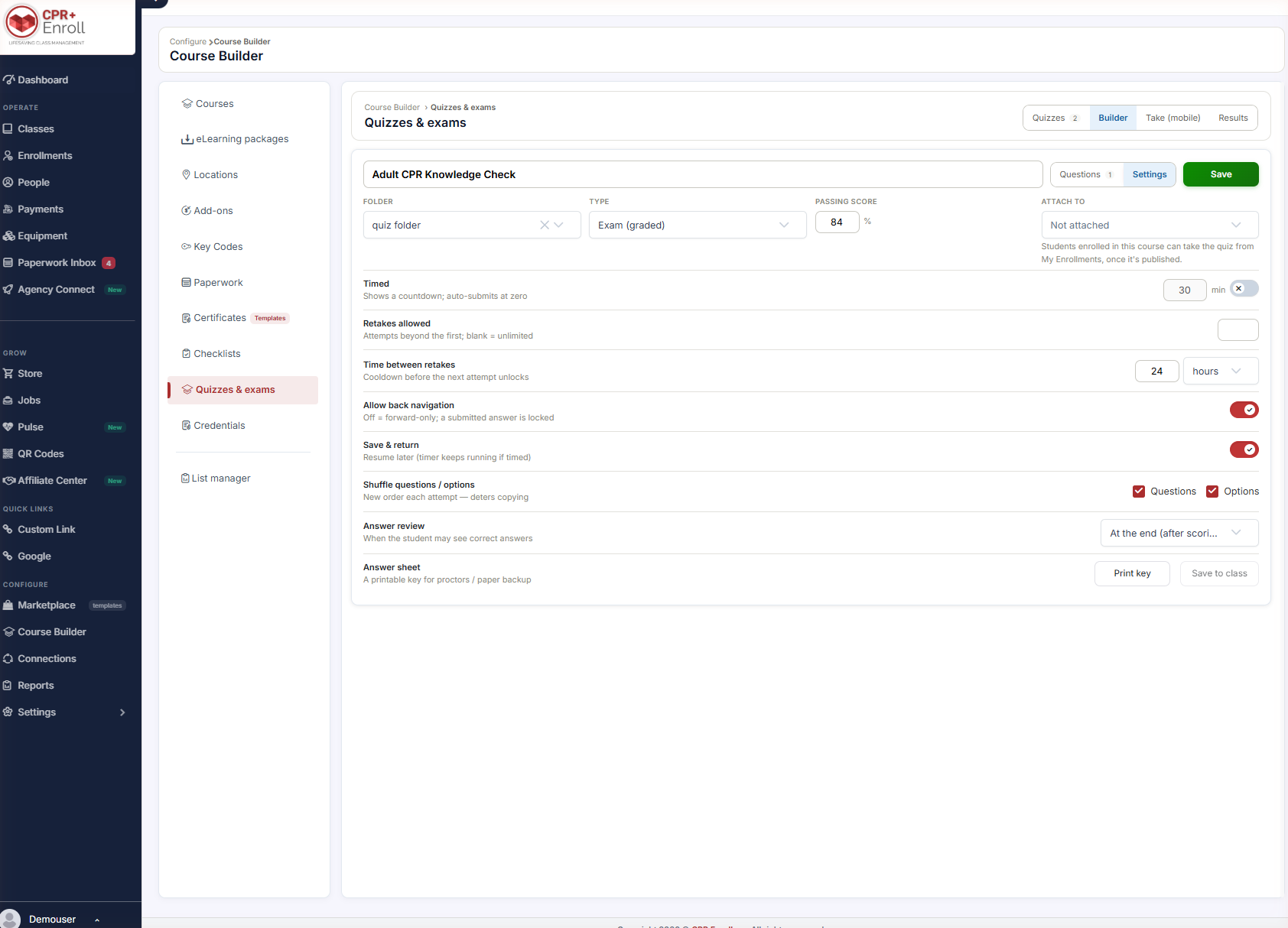 The quiz Settings panel showing the top row and delivery settings