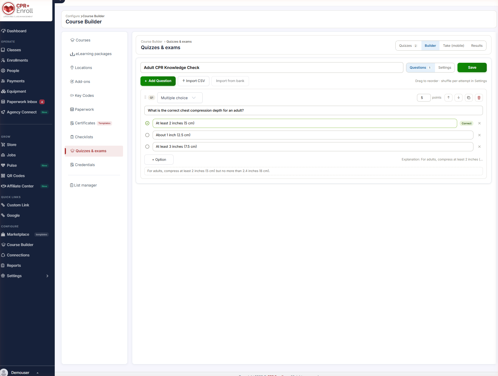 The Builder tab with a question card open, showing options, correct marker and point value