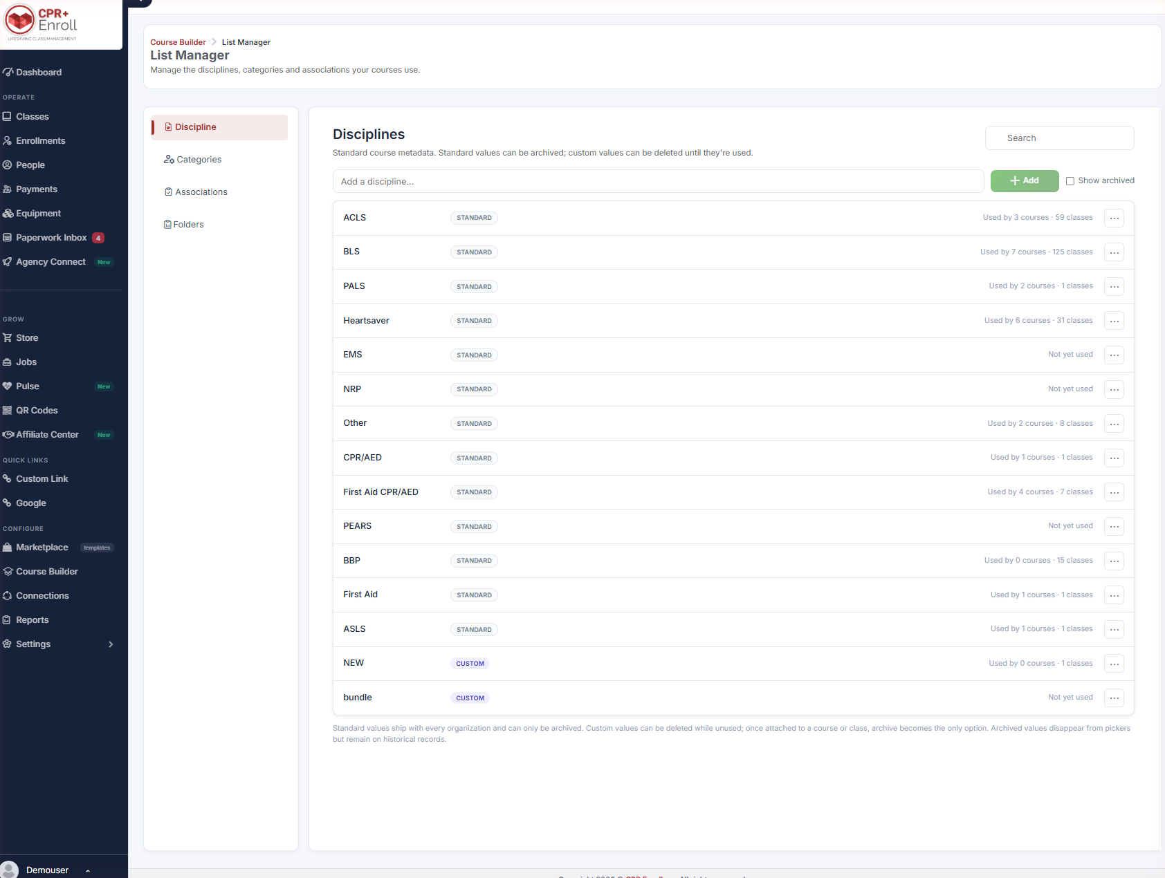 Course Builder List Manager Discipline tab showing badges and usage counts