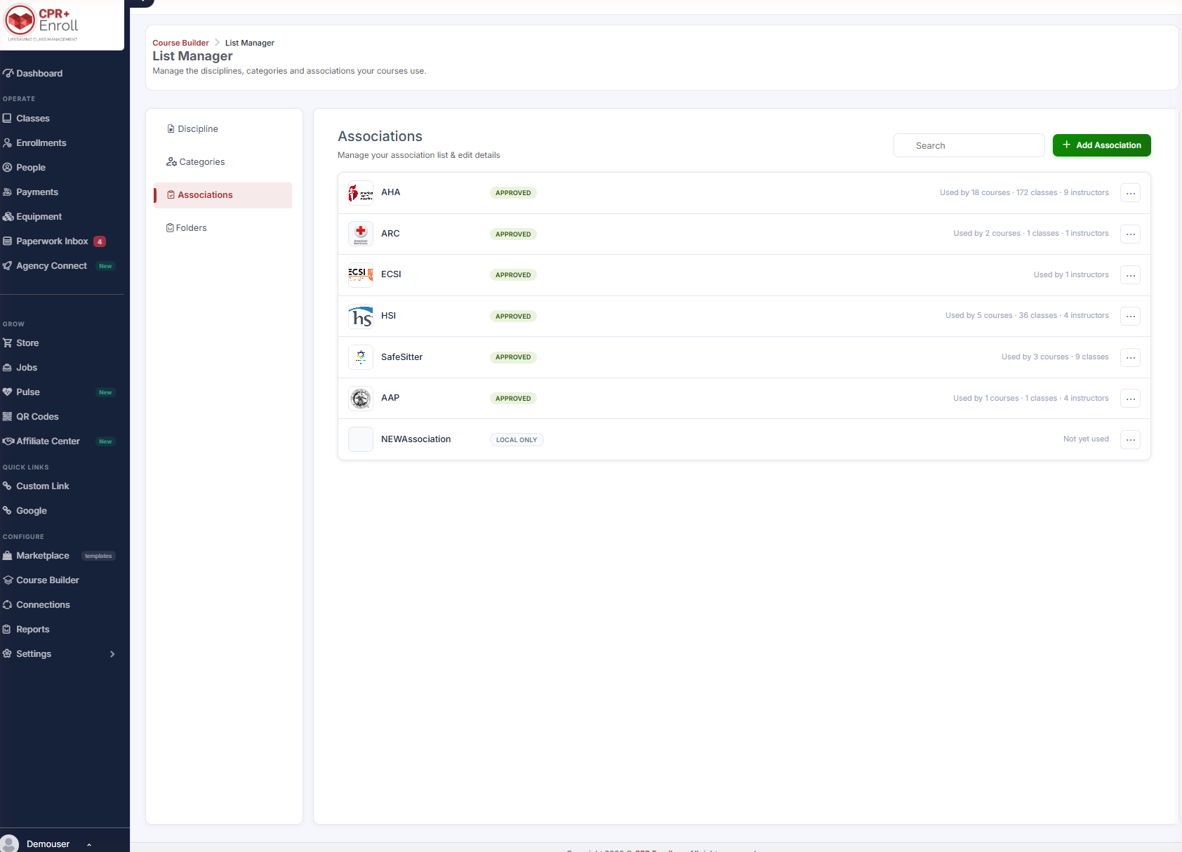 The Associations tab showing Approved, Pending Approval and Local Only statuses