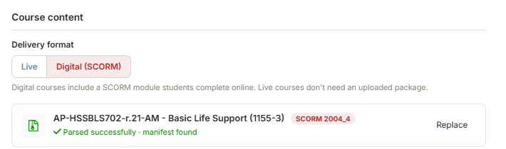 Course Builder Courses, the Course content section with the Delivery format selector
