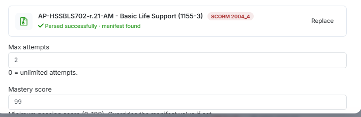 A Digital (SCORM) course row showing package name, SCORM version, parse status and Replace
