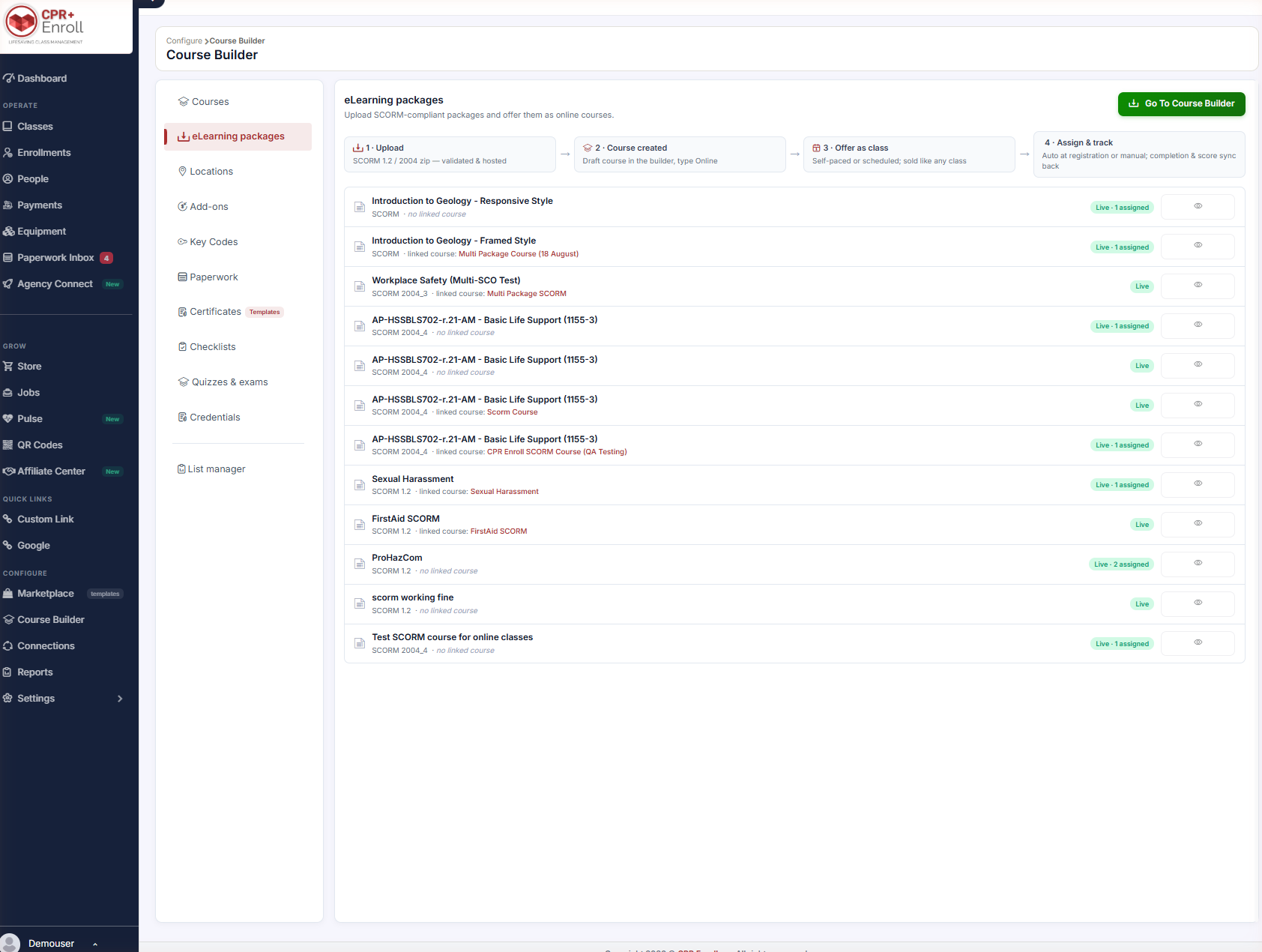 Course Builder eLearning packages, showing the four-step pipeline and the package library