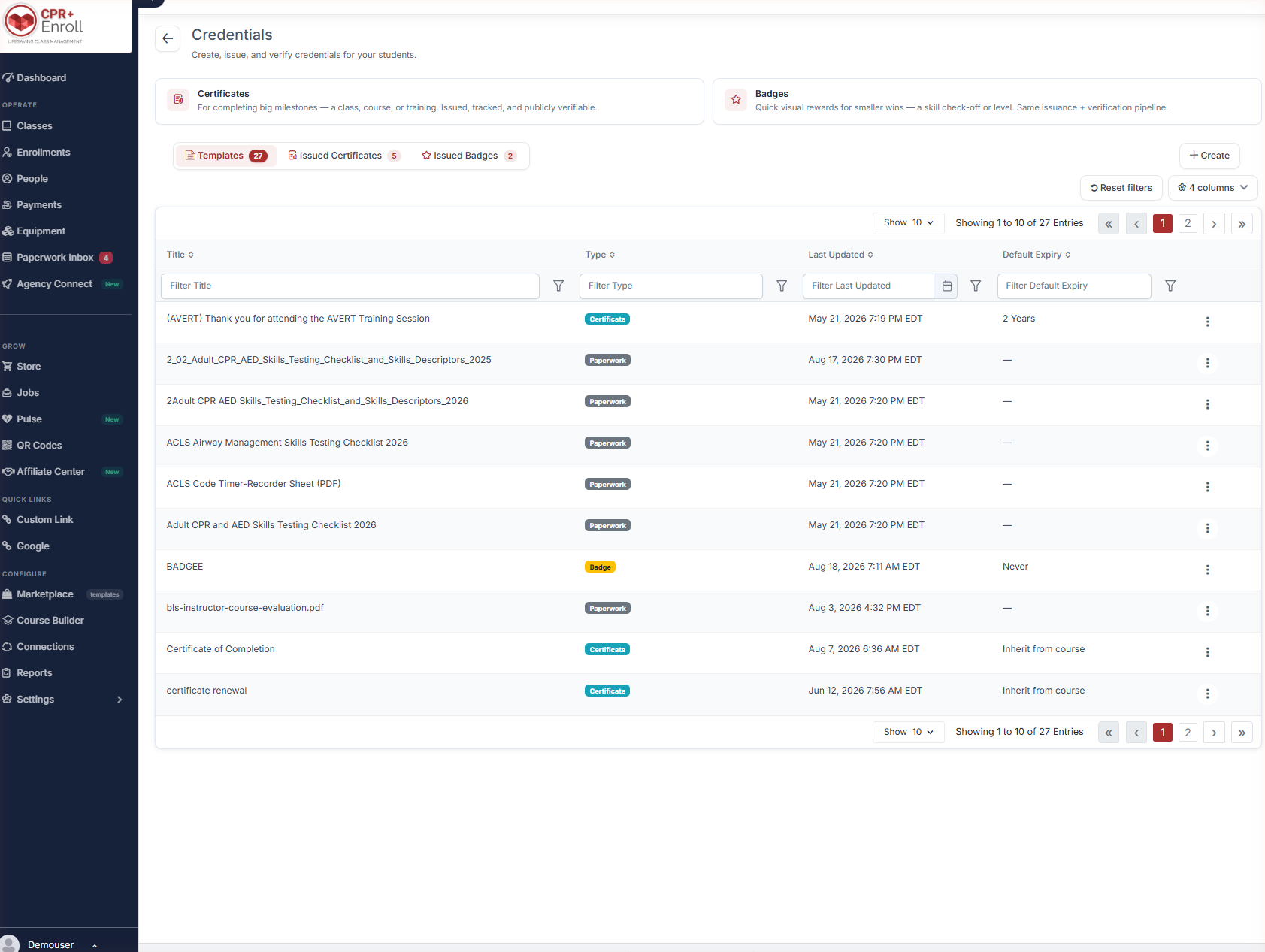 Course Builder Credentials the page header and the three tabs