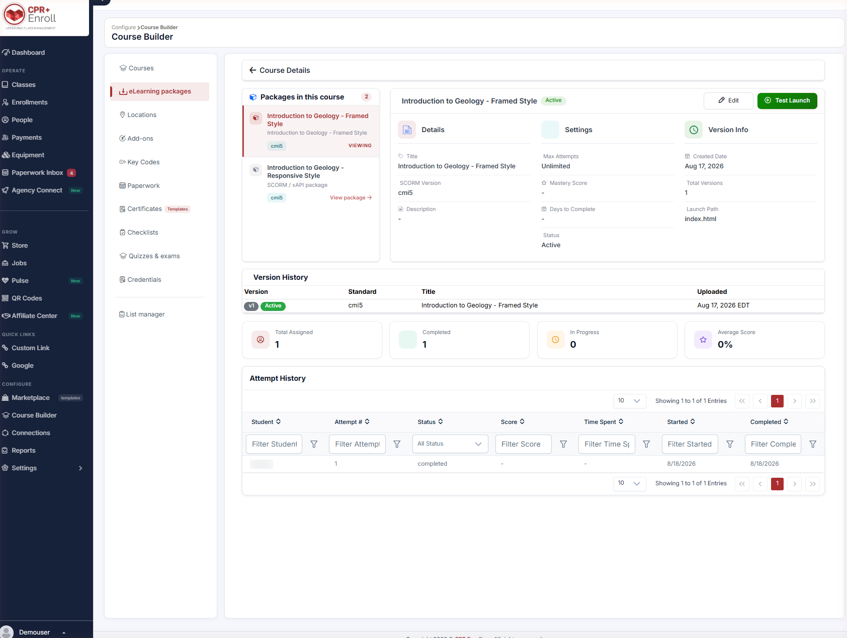 A multi-lesson package open in the learner view, showing the contents menu