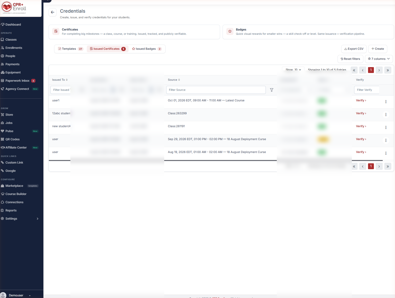 Issued Certificates tab grid showing Issued To, Issued Date, Expiry Date, Source and Credential ID (blur recip