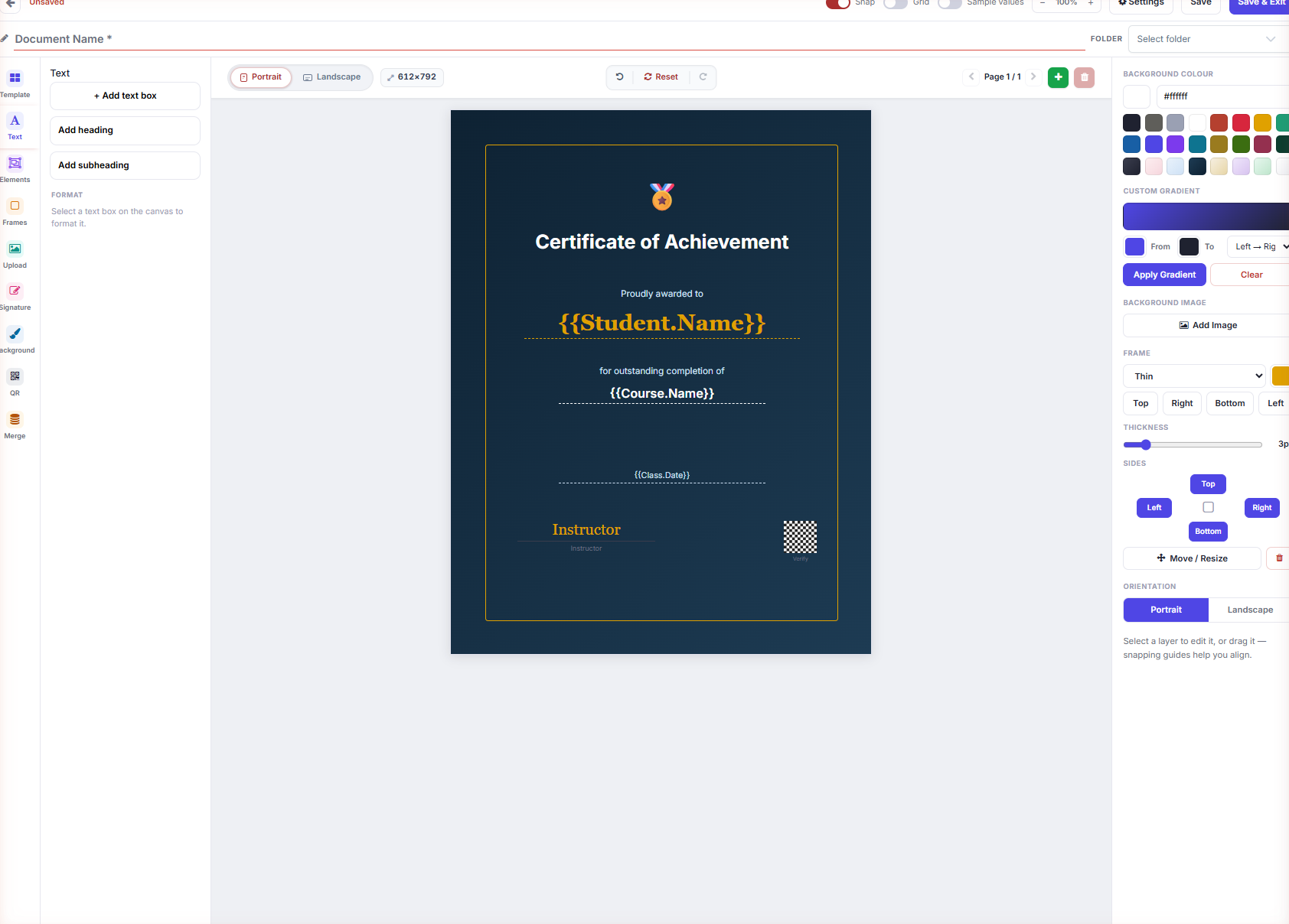 Document Builder tool rail, canvas toolbar and the right-hand properties panel