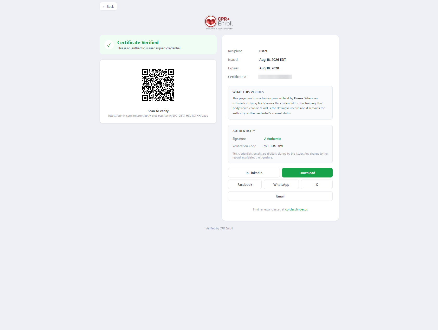 Public verification page showing a Verified credential (blur the recipient name)