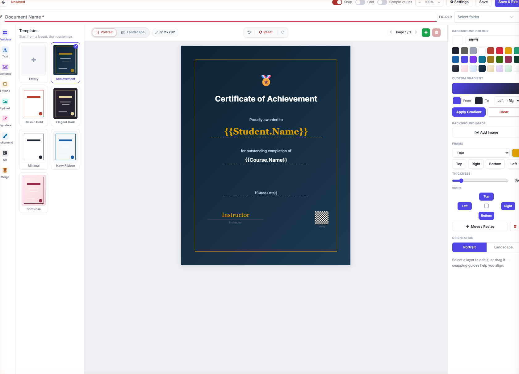 Document Builder template gallery and the live canvas