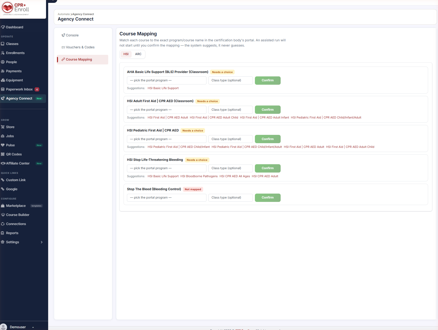 Agency Connect Course Mapping, HSI tab, showing unmapped courses with status chips