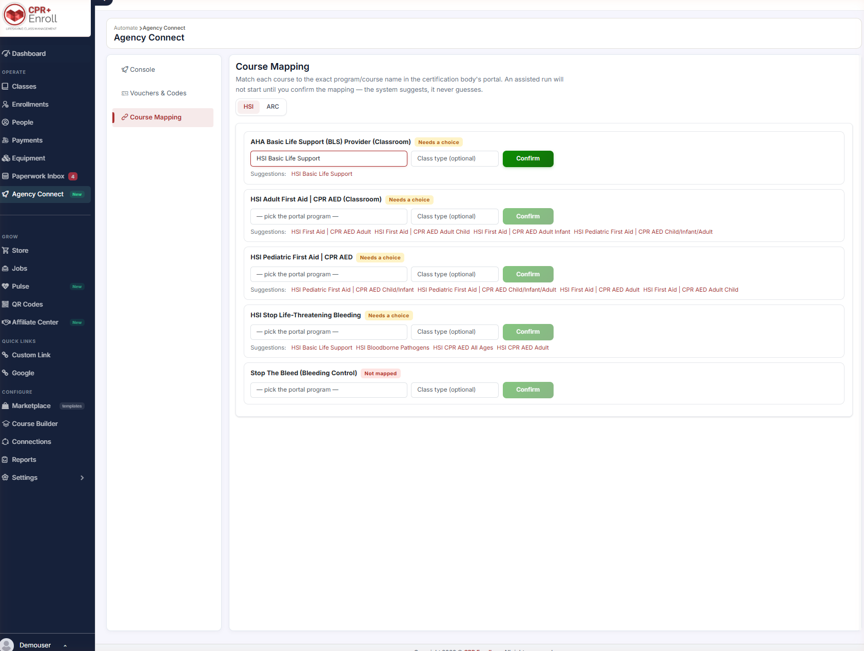 A course row with the portal program dropdown open and blue Suggestions visible