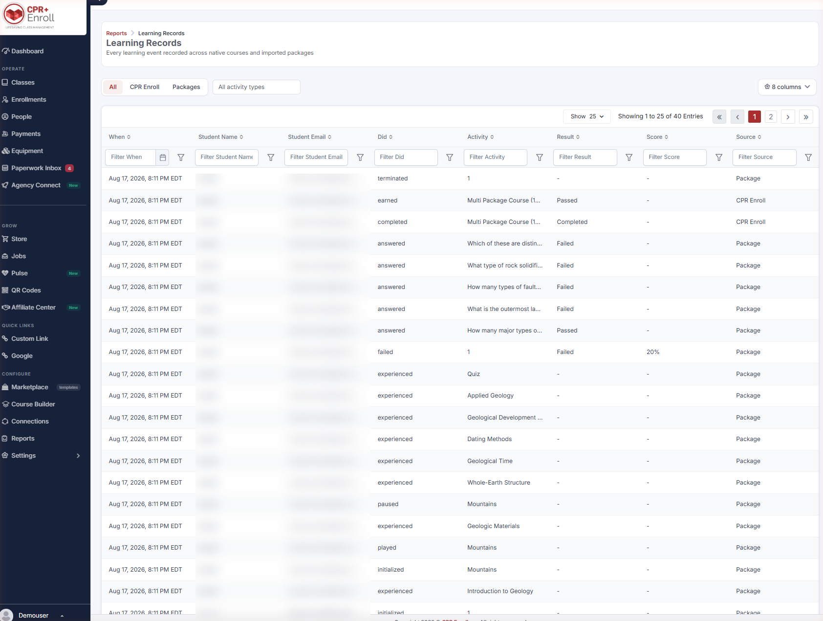 Reports Learning Records with the source chips and All activity types control visible