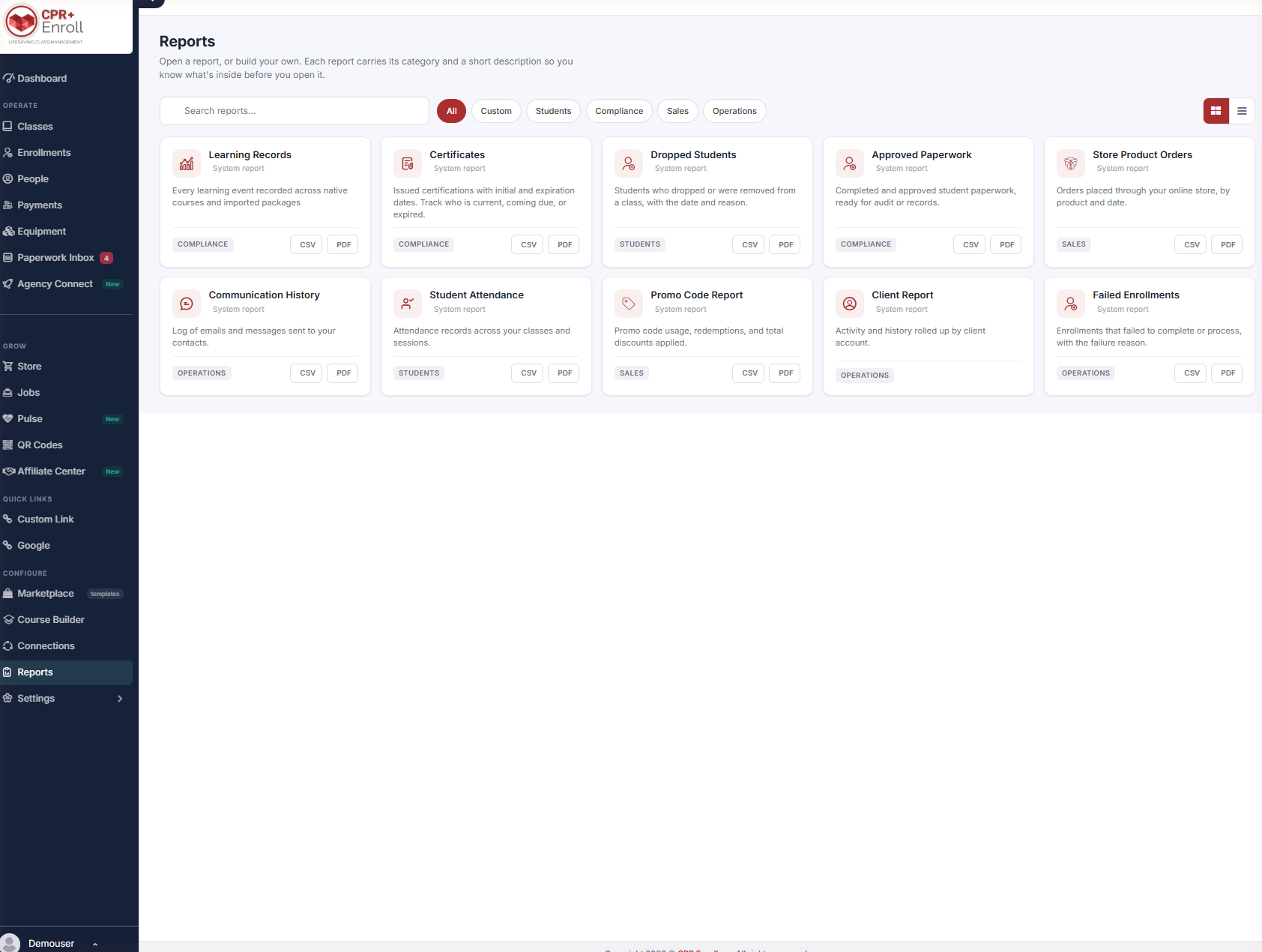 Reports hub, card layout, showing filter chips and report cards
