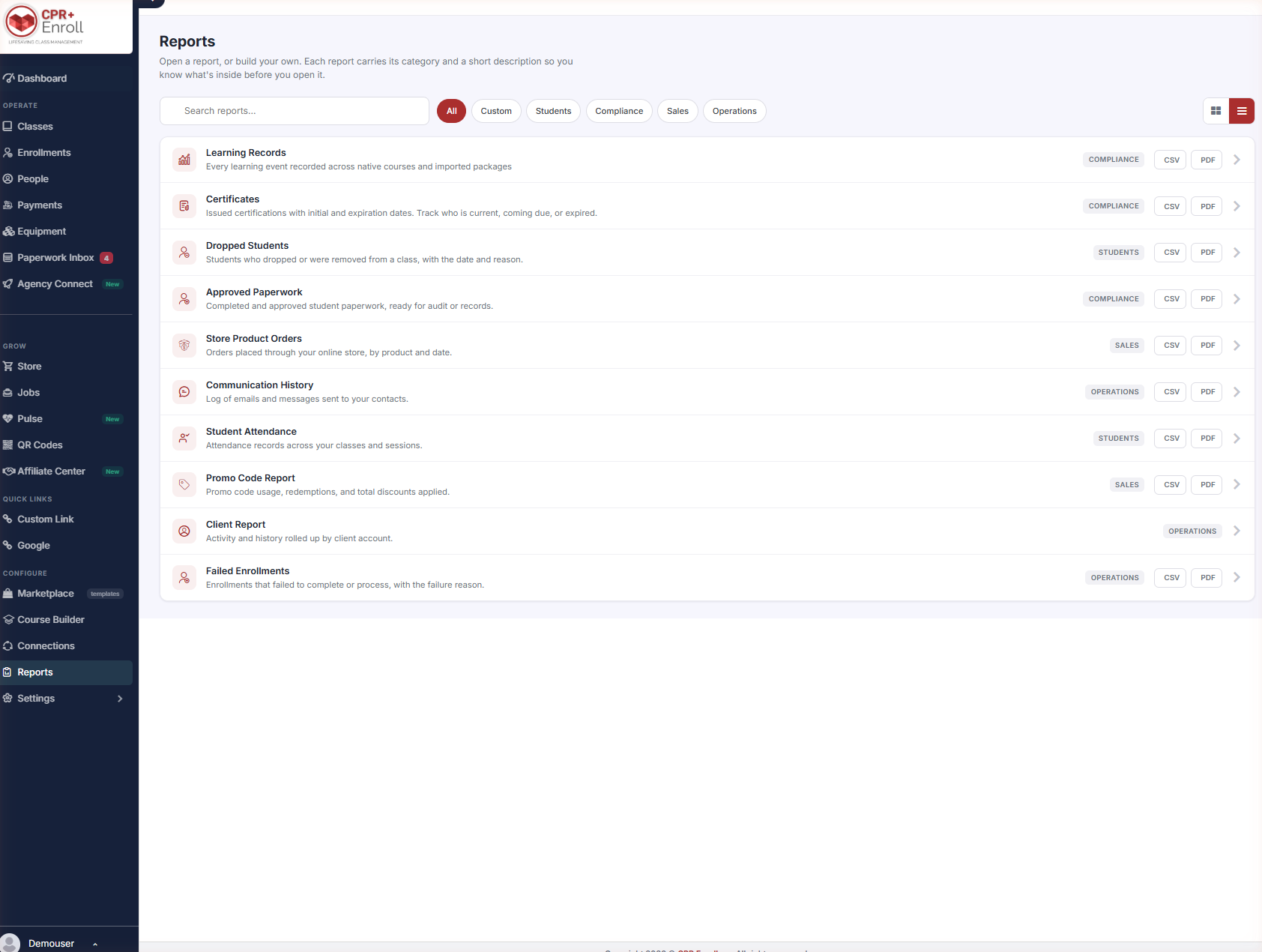 Reports hub in list layout