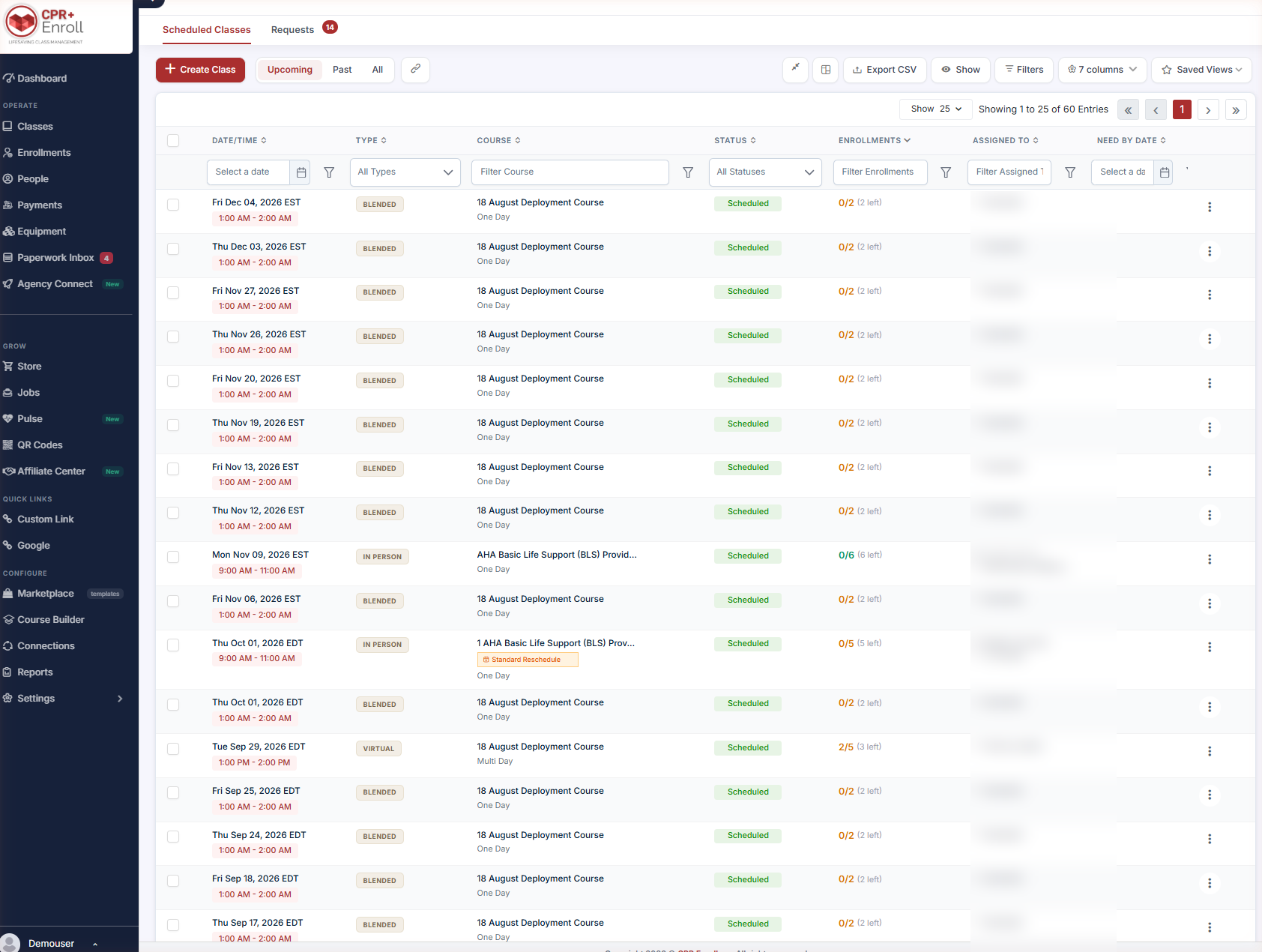 Classes List view showing columns, Type chips, Enrollments and the toolbar controls